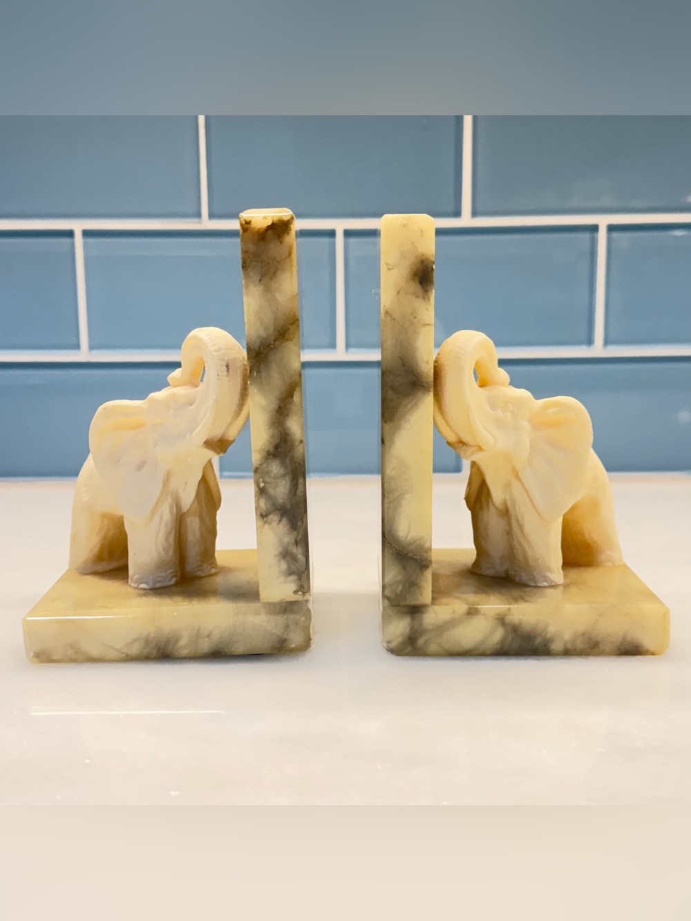 Vintage Italian Alabaster Elephant Bookends Hand Carved Made in Italy Pair